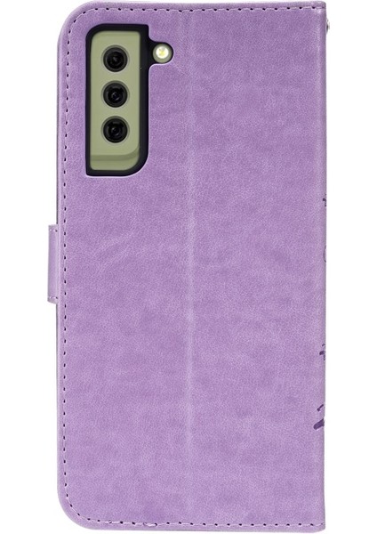 Kelebekler ve Çiçek Baskılı Deri Cüzdan Standı Tasarım Kılıf Samsung Galaxy S21 Fe - Açık Mor (Yurt Dışından)