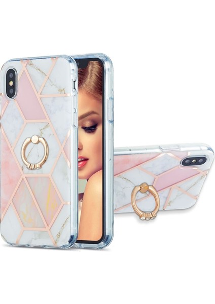 Kickstand Tpu Telefon Kılıf Imd Iml Mermer Desen 2.0mm Kalınlığı Galvanik Durumda Apple iPhone x / Xs 5.8 Inç - Pembe / Beyaz (Yurt Dışından)