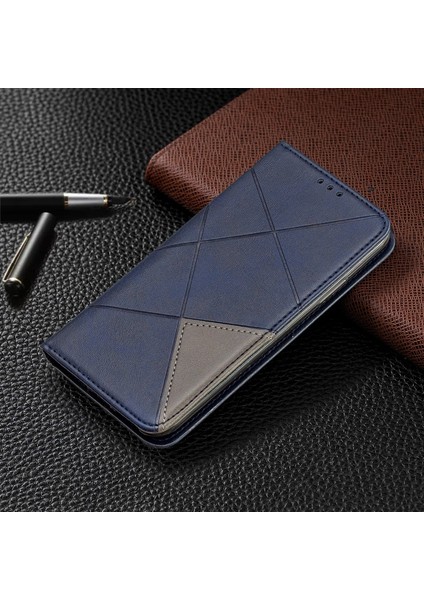 Geometrik Desen Deri Kart Tutucu Telefon Kılıfı Standı Apple iPhone x / Xs 5.8 Inç - Mavi (Yurt Dışından) indirimleri