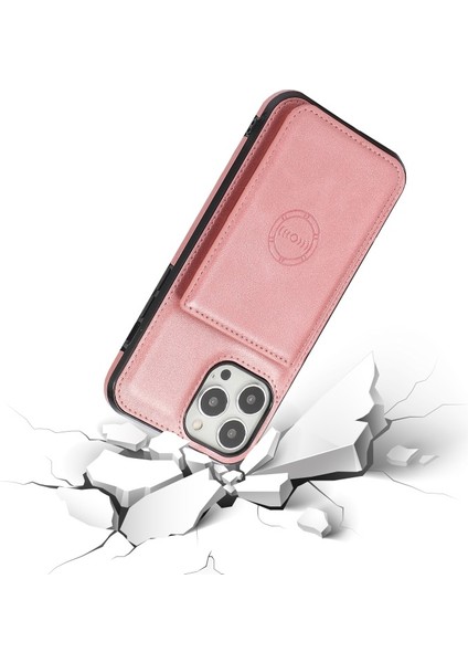 Apple iPhone 13 Pro Için Kart Bölmeli Dahili Manyetik Metal Levhalı Pu Deri Pc + Tpu Hibrit Kılıf - Gül Altın (Yurt Dışından)