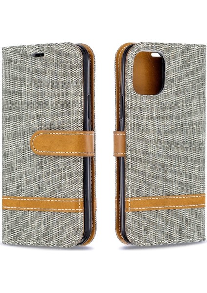 Apple iPhone 11 Pro Için Kot Kumaş Desen Deri Cüzdan Tasarımlı Kılıf - Gri (Yurt Dışından)