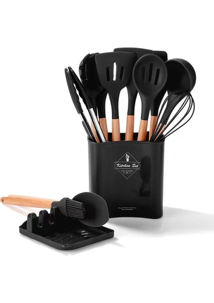 Depolama Kovası Ahşap Saplı Silikon Mutfak Gereçleri Seti Mutfak Eşyaları Depolama Rafı Pişirme Spatula Mutfak Gereçleri 11 Parça Set Mor (Yurt Dışından)