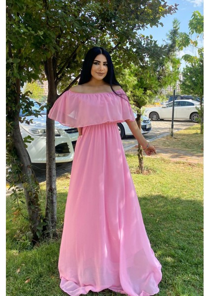 Beri Butik Pembe  Madonna Yaka Şifon Elbise