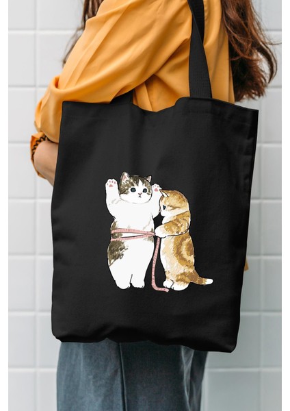 Cats Size Baskılı Siyah Kanvas Çanta