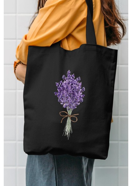 Lavander Bunch Baskılı Siyah Kanvas Çanta