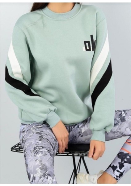 Ok Baskılı Şerit Detaylı Üç Iplik Oversize Su Yeşili Sweatshirt