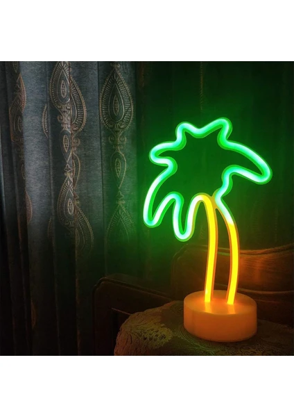 Renkli Palmiye Ağacı Tasarımlı USB ve Pilli Neon LED Gece Lambası