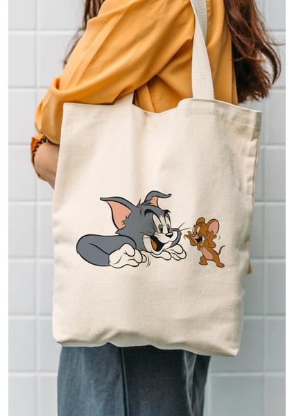 Kanvas Tom ve Jerry Baskılı Bez Çanta
