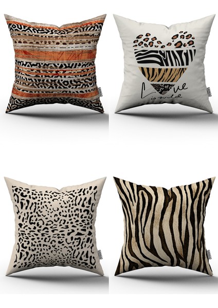Esnafali Modern Leopar Zebra Desenli Dijital Baskılı Kırlent Kılıfı Seti 4KMBS200 Kahverengi Turuncu