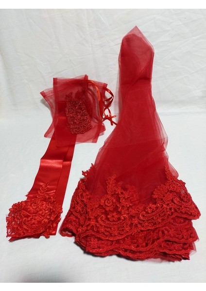 Güpürlü Kına Gecesi Gelin Duvak Seti Kırmızı Renk