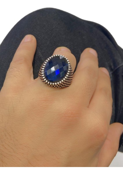 Oval Safir Çok Şık Üst Kalite 925 Gümüş Erkek Yüzük