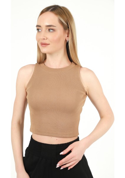 Kadın Halter Yaka Fitilli Crop Bluz