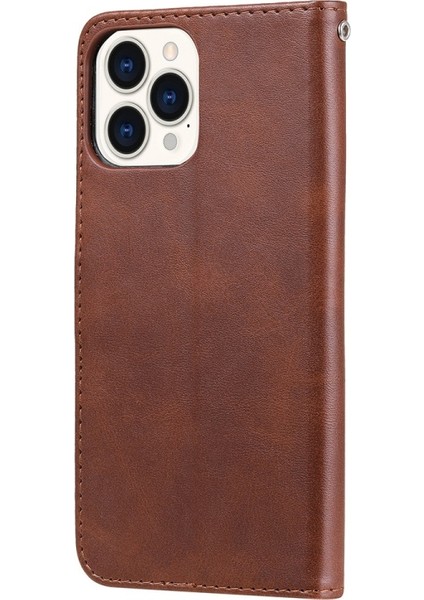 iPhone 13 Pro Max Için Kayışlı Düşme Önleyici Fermuarlı Deri Cüzdan Telefon Kılıfı - Kahverengi (Yurt Dışından)