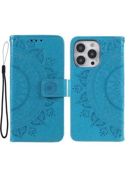 iPhone 13 Pro Max Için Çizilmez Baskılı Mandala Desenli Deri Kayışlı Koruyucu Kılıf - Mavi (Yurt Dışından)