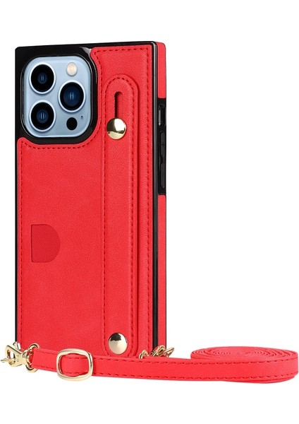 iPhone 13 Pro Max Için Kayışlı Pu Deri Tpu Kart Yuvalı Telefon Kılıfı - Kırmızı (Yurt Dışından)