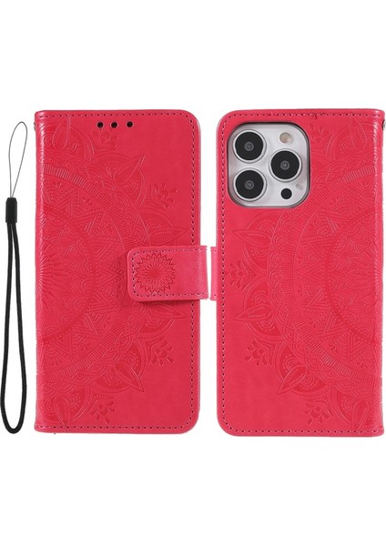 iPhone 13 Pro Max Için Çizilmez Baskılı Mandala Desenli Deri Kayışlı Koruyucu Kılıf - Kırmızı (Yurt Dışından)