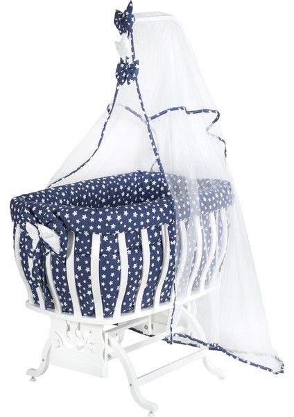 Beşik, Fiyonklu, Yıldızlı Mdf Sallanan Beşik + Uyku Seti + Cibinlik - Lacivert