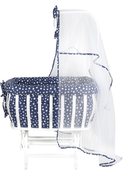 Beşik, Fiyonklu, Yıldızlı Mdf Sallanan Beşik + Uyku Seti + Cibinlik - Lacivert fiyatları