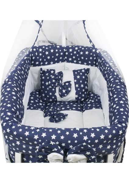 Beşik, Fiyonklu, Yıldızlı Mdf Sallanan Beşik + Uyku Seti + Cibinlik - Lacivert modelleri