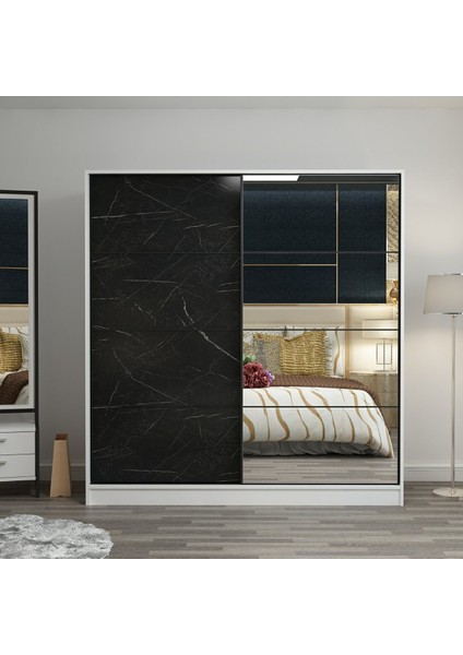 Kale 2 Kapaklı Aynalı Sürgülü Dolap 180 cm - Beyaz/royal Mermer 210 cm