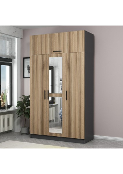 Kale 3 Kapaklı 1 Aynalı 2 Çekmeceli Dolap ve Yüklük Antrasit Dore 190 cm