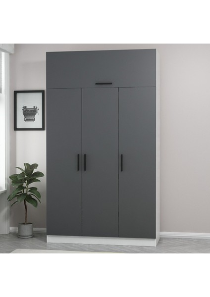 Kale 3 Kapaklı 2 Çekmeceli Dolap ve Yüklük Beyaz Antrasit 190 cm