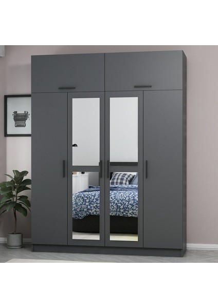 Kale 4 Kapaklı 2 Aynalı 2 Çekmeceli Dolap ve Yüklük Antrasit 190 cm