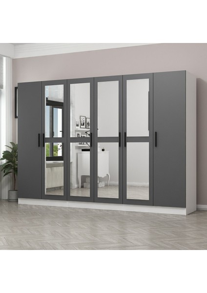 Kale 6 Kapaklı 4 Aynalı 2 Çekmeceli Dolap Beyaz Antrasit 190 cm