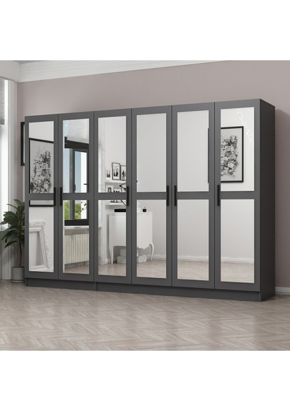 Kale 6 Kapaklı 6 Aynalı 2 Çekmeceli Dolap Antrasit 210 cm