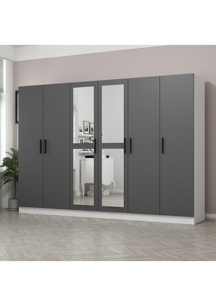 Kale 6 Kapaklı 2 Aynalı 2 Çekmeceli Dolap Beyaz Antrasit 190 cm
