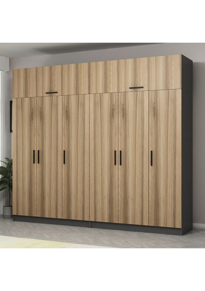 Kale 6 Kapaklı 4 Çekmeceli Dolap ve Yüklük Antrasit Dore 210 cm