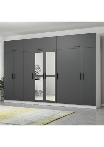 Kale 8 Kapaklı 2 Aynalı 2 Çekmeceli Dolap ve Yüklük Beyaz Antrasit 210 cm