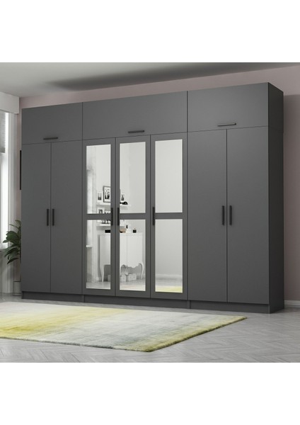Kale 7 Kapaklı 3 Aynalı 2 Çekmeceli Dolap ve Yüklük Antrasit 210 cm
