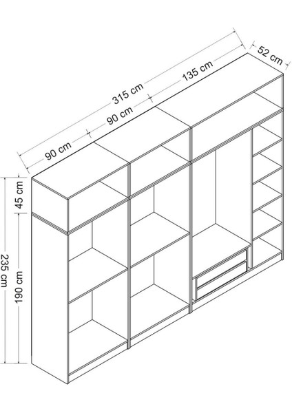 Kale 7 Kapaklı 3 Aynalı 2 Çekmeceli Dolap ve Yüklük Antrasit 210 cm indirimleri