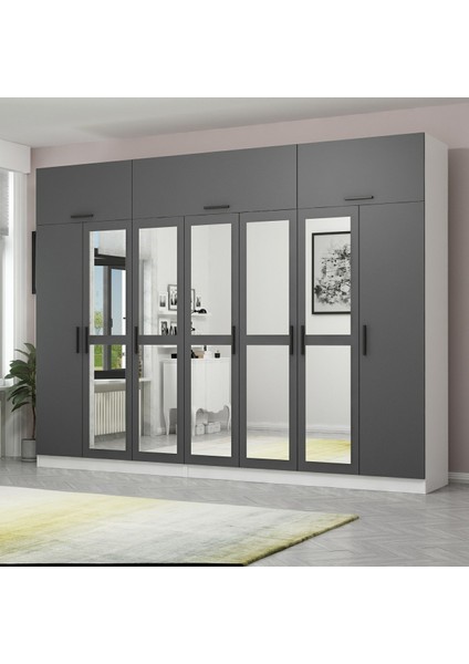 Kale 7 Kapaklı 5 Aynalı 4 Çekmeceli Dolap ve Yüklük Beyaz Antrasit 210 cm