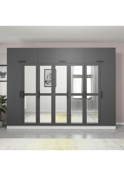 Kale 7 Kapaklı 5 Aynalı 4 Çekmeceli Dolap ve Yüklük Beyaz Antrasit 210 cm fiyatları