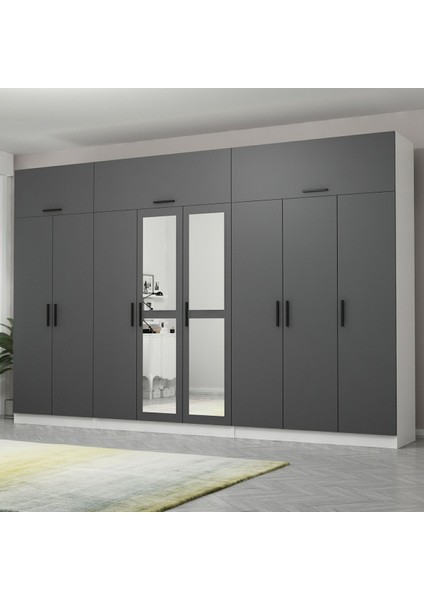 Kale 8 Kapaklı 2 Aynalı 4 Çekmeceli Dolap ve Yüklük Beyaz Antrasit 210 cm