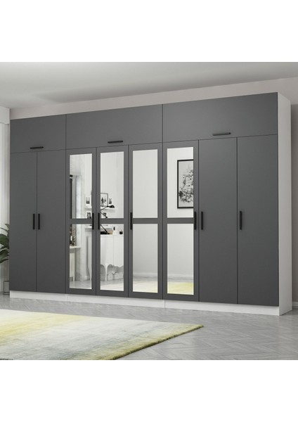 Kale 8 Kapaklı 4 Aynalı 4 Çekmeceli Dolap ve Yüklük Beyaz Antrasit 190 cm