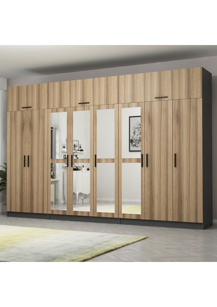 Kale 8 Kapaklı 4 Aynalı 4 Çekmeceli Dolap ve Yüklük Antrasit Dore 190 cm