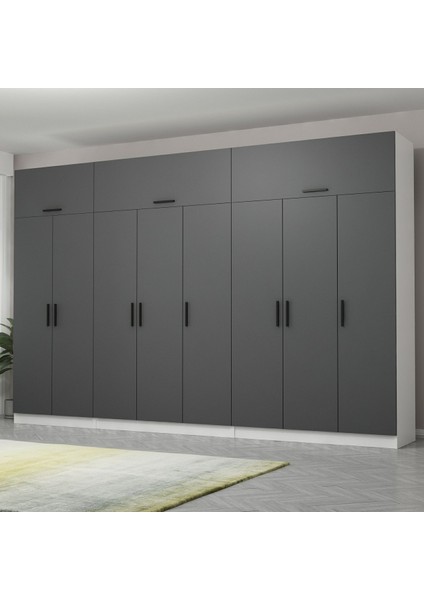 Kale 8 Kapaklı 4 Çekmeceli Dolap ve Yüklük Beyaz Antrasit 190 cm