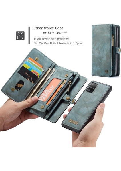 008 Serisi 2-In-1 Çok Yuva Cüzdan Bölünmüş Deri Telefon Muhafazası Galaxy A51 SM-A515 - Mavi (Yurt Dışından) modelleri