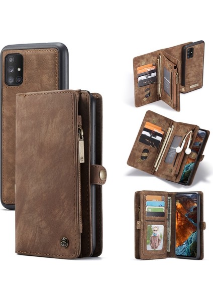 008 Serisi 2-In-1 Çok Yuva Cüzdan Bölünmüş Deri Telefon Muhafaza Galaxy A51 SM-A515 - Kahverengi (Yurt Dışından)