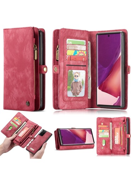 008 Serisi Çok Fonksiyonlu 2-In-1 Fermuar Cüzdan Bölünmüş Deri Kılıf Galaxy NOTE20 Ultra / NOTE20 Ultra - Kırmızı (Yurt Dışından)