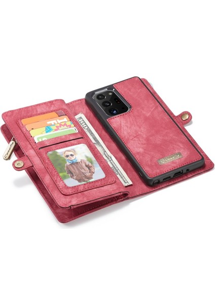 008 Serisi Çok Fonksiyonlu 2-In-1 Fermuar Cüzdan Bölünmüş Deri Kılıf Galaxy NOTE20 Ultra / NOTE20 Ultra - Kırmızı (Yurt Dışından) modelleri