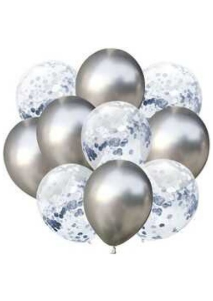 Konfetili Gümüş Balon Demeti (10 Adet)