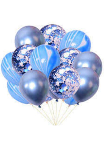 Mavi Renk Konfetili Mermer Desenli Balon Set