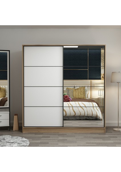 Kale 2 Kapaklı Aynalı Sürgülü Dolap 180 cm - Dore/ Beyaz 210 cm
