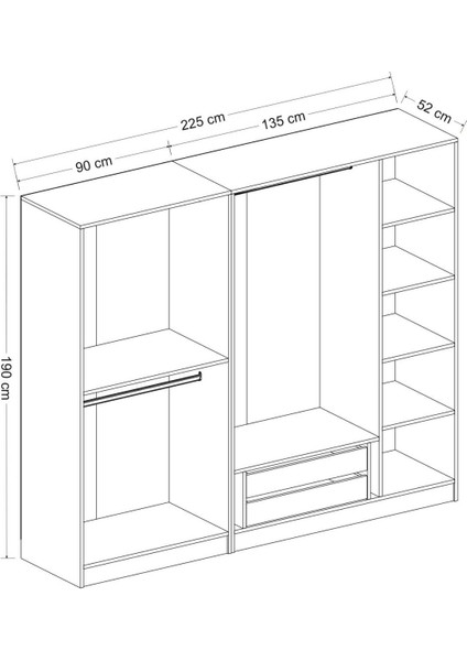 Kale 5 Bölmeli 2 Çekmeceli Giyinme Dolabı Beyaz 190CM