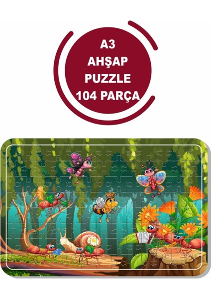 Sevimli Arılar ve Arkadaşları A3 104 Parça Ahşap Puzzle