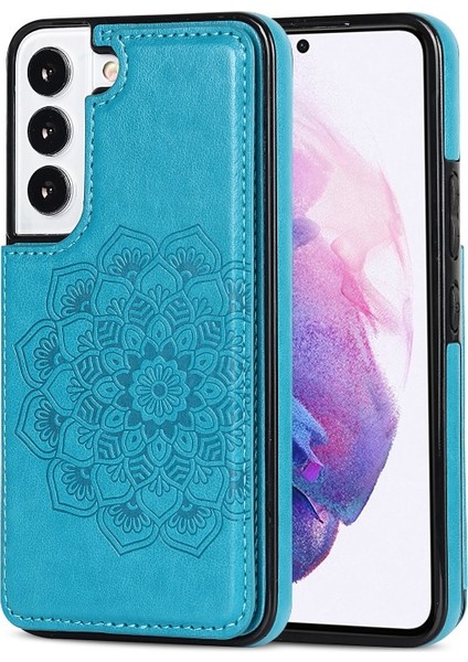Çizilmeye Dayanıklı Pu Deri Kaplamalı Tpu Telefon Kılıfı Baskılı Mandala Çiçek Telefon Kılıf Galaxy S22 Ultra - Mavi (Yurt Dışından)